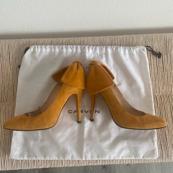 Carven dandelion orange suede bow back 4"/100mm high heel pumps - Picture 7 of 7